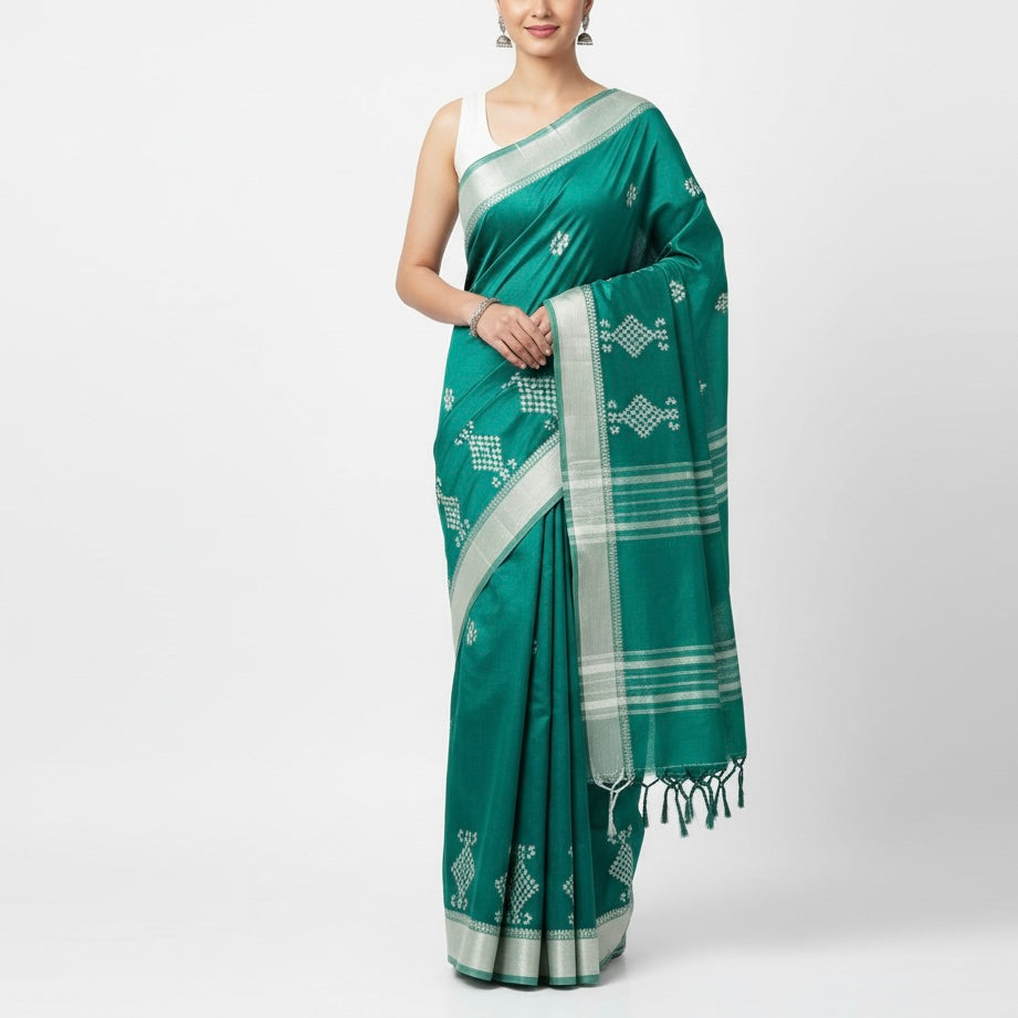 Teal/Deep Green Saree with White Geometric Motifs with blouse (Premium Quality)