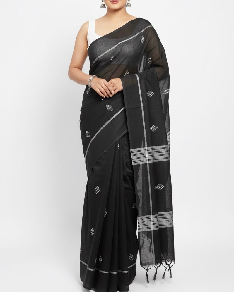 Elegant Black Saree with White Geometric Motifs and Striped Pallu with blouse