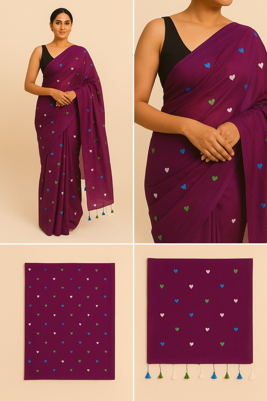 Love Embroidery Khadi Saree – Handwoven Elegance with Artistic Detailing