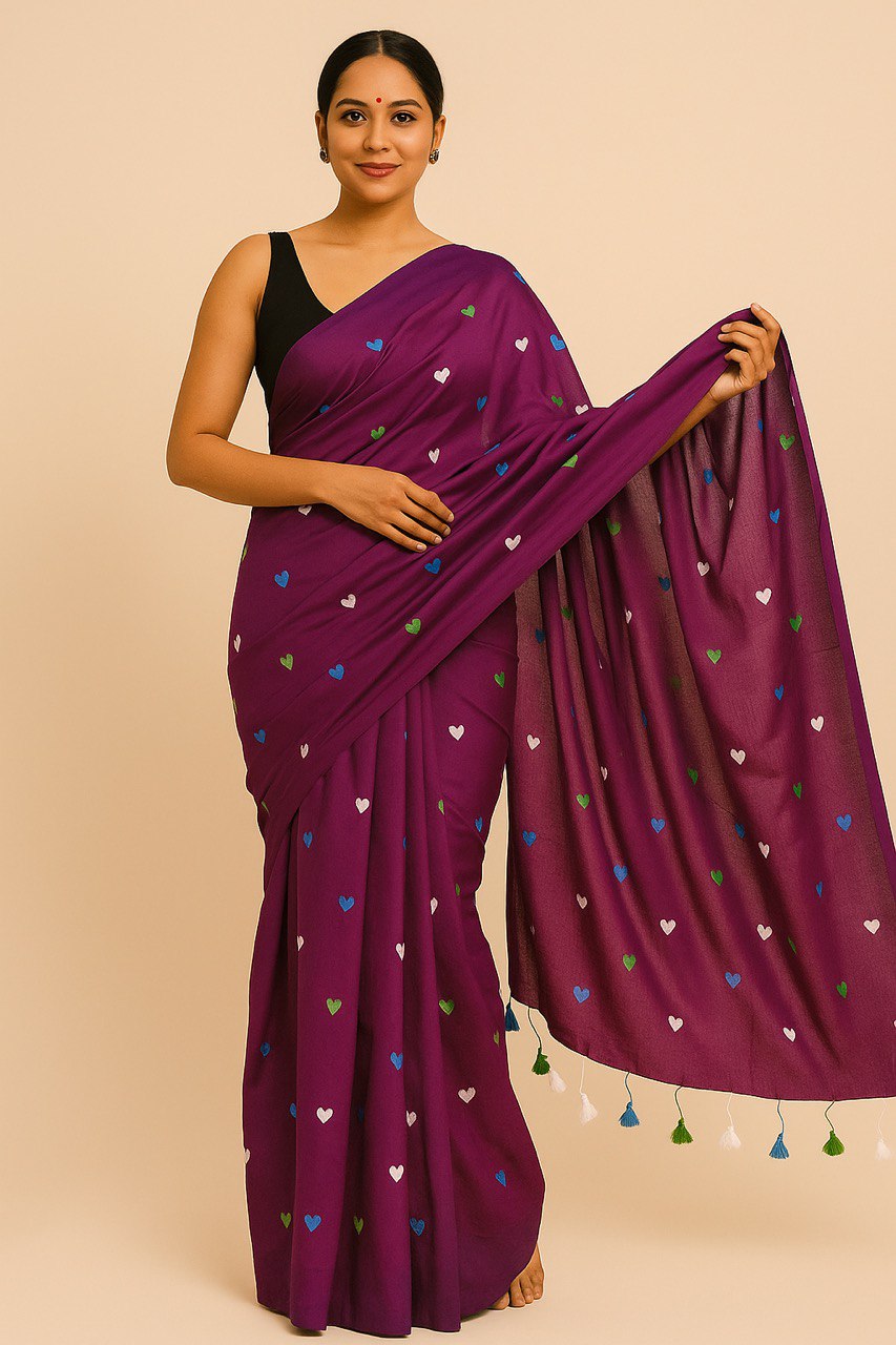 Love Embroidery Khadi Saree – Handwoven Elegance with Artistic Detailing