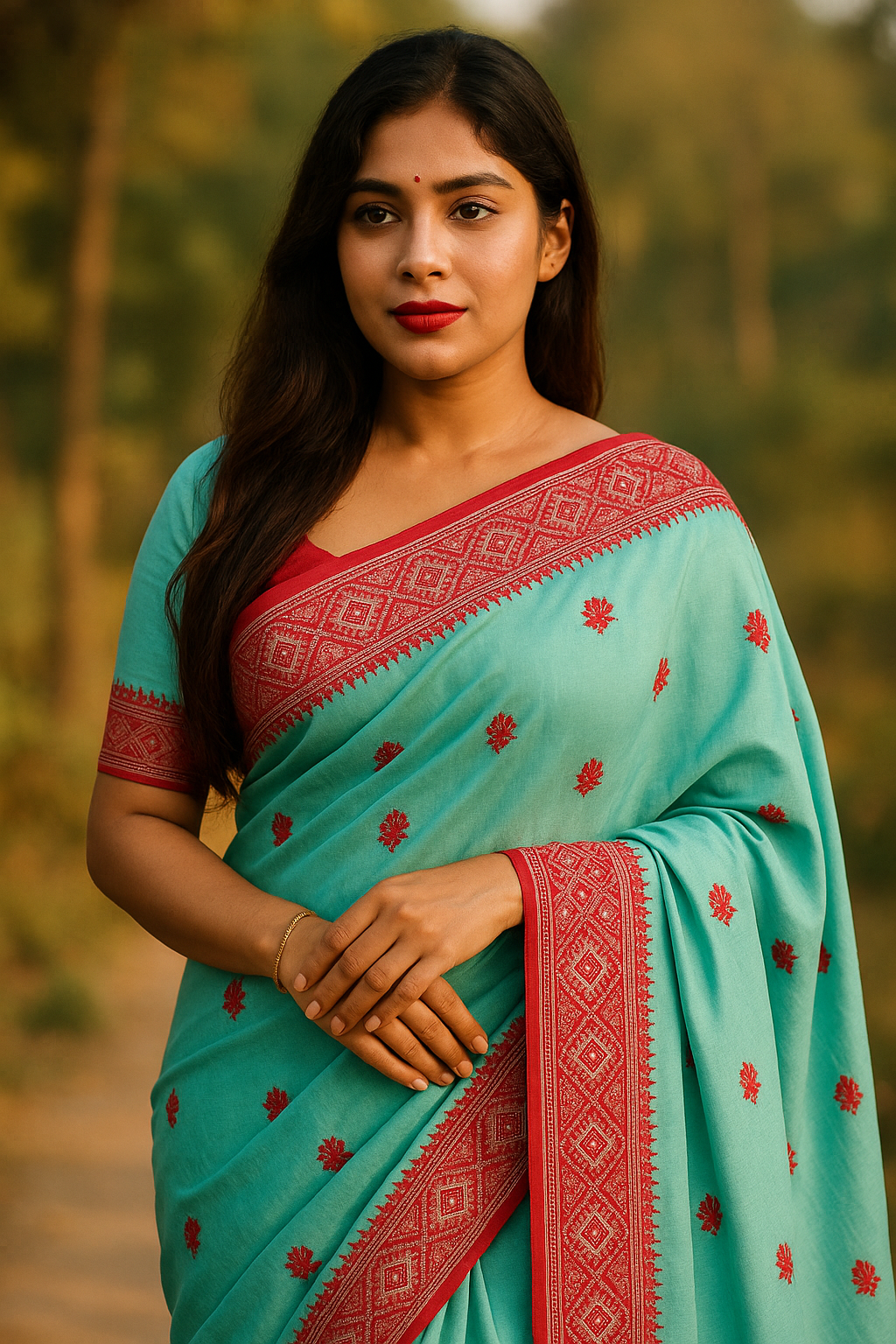 Aqua Bloom Cotton Saree – Elegant Red Border Edition
