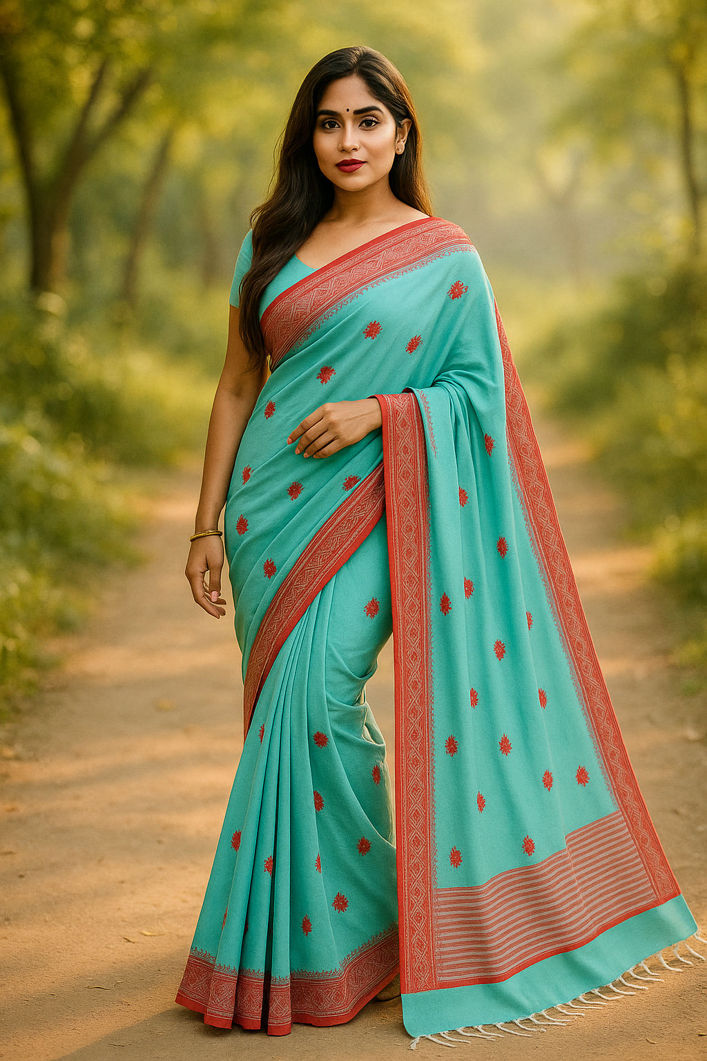 Aqua Bloom Cotton Saree – Elegant Red Border Edition