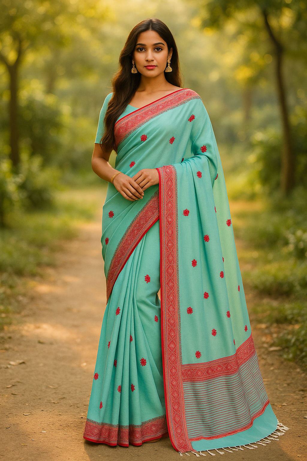 Aqua Bloom Cotton Saree – Elegant Red Border Edition