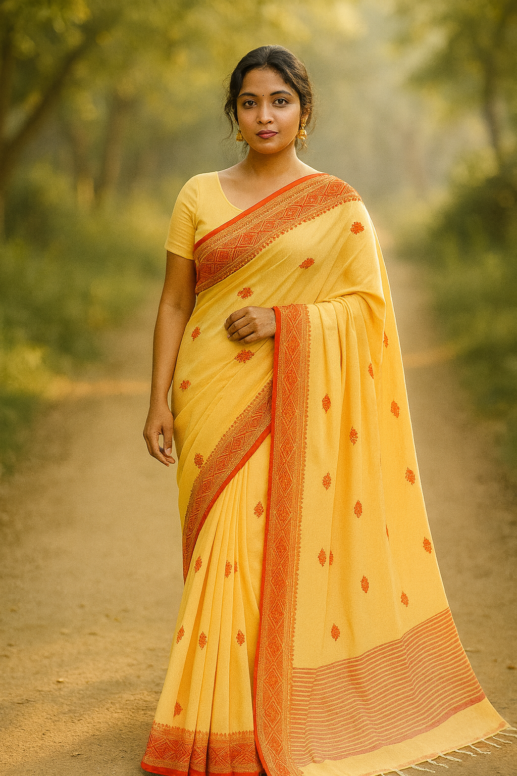 Sunrise Charm Cotton Saree – Red Border Edition