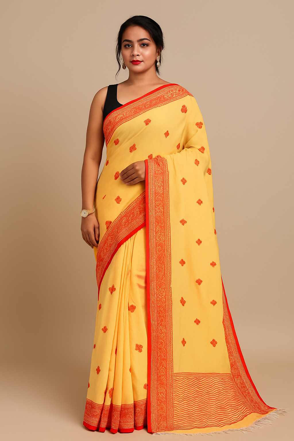 Sunrise Charm Cotton Saree – Red Border Edition