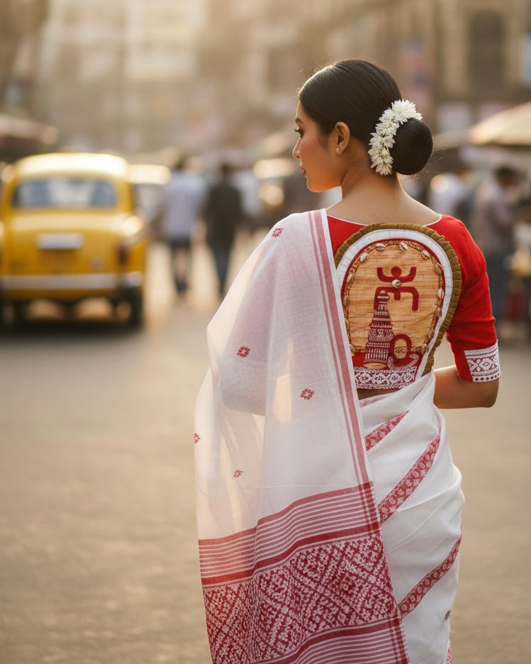 Light Pink/White Saree with Red Stitching/Motifs