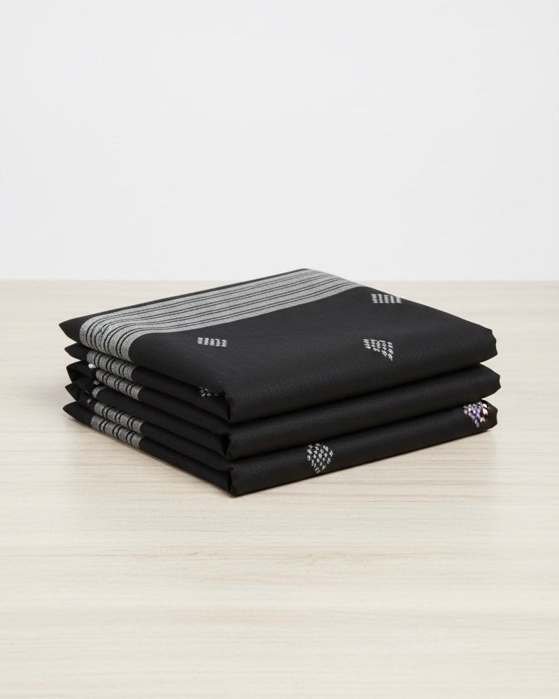 Elegant Black Saree with White Geometric Motifs and Striped Pallu with blouse