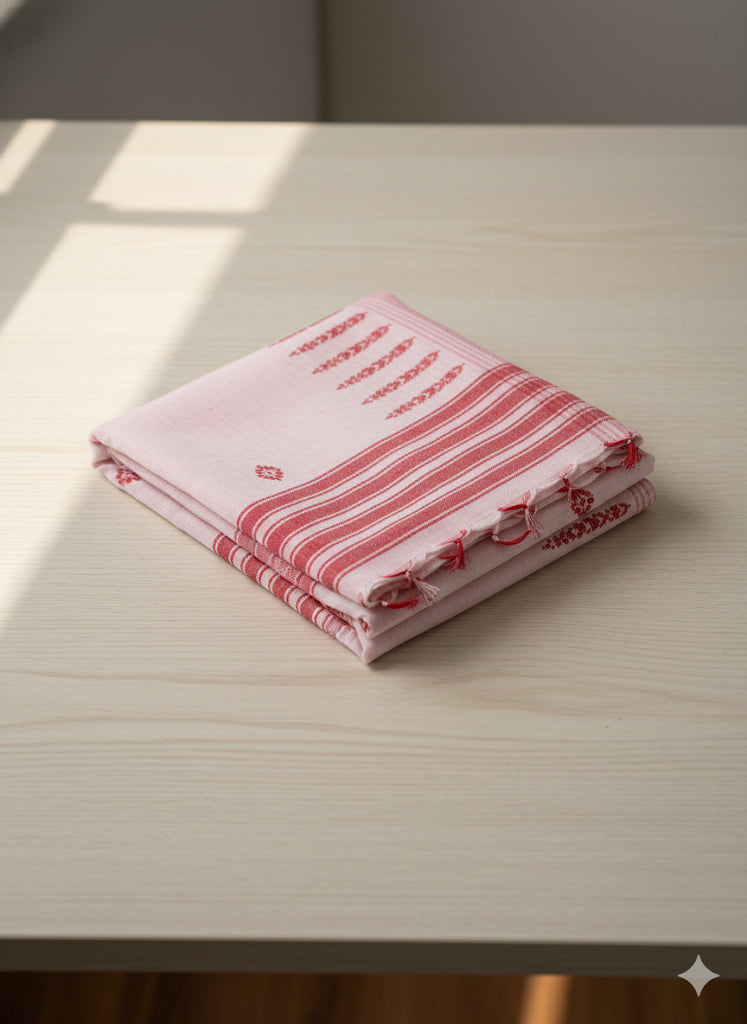 Light Pink/White Saree with Red Stitching/Motifs