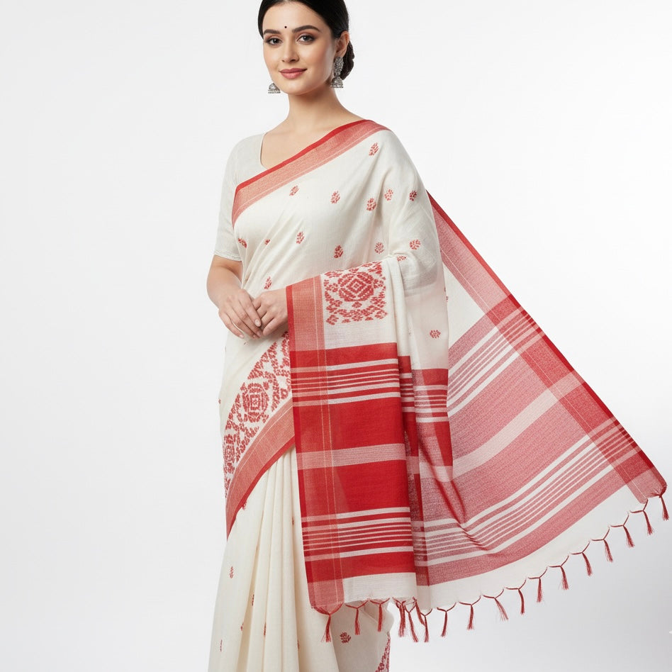 White Saree with Red Geometric Borders and Striped Pallu With blouse