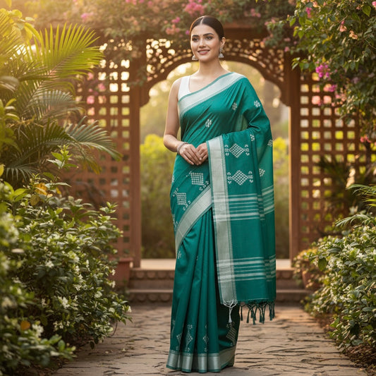 Teal/Deep Green Saree with White Geometric Motifs with blouse (Premium Quality)