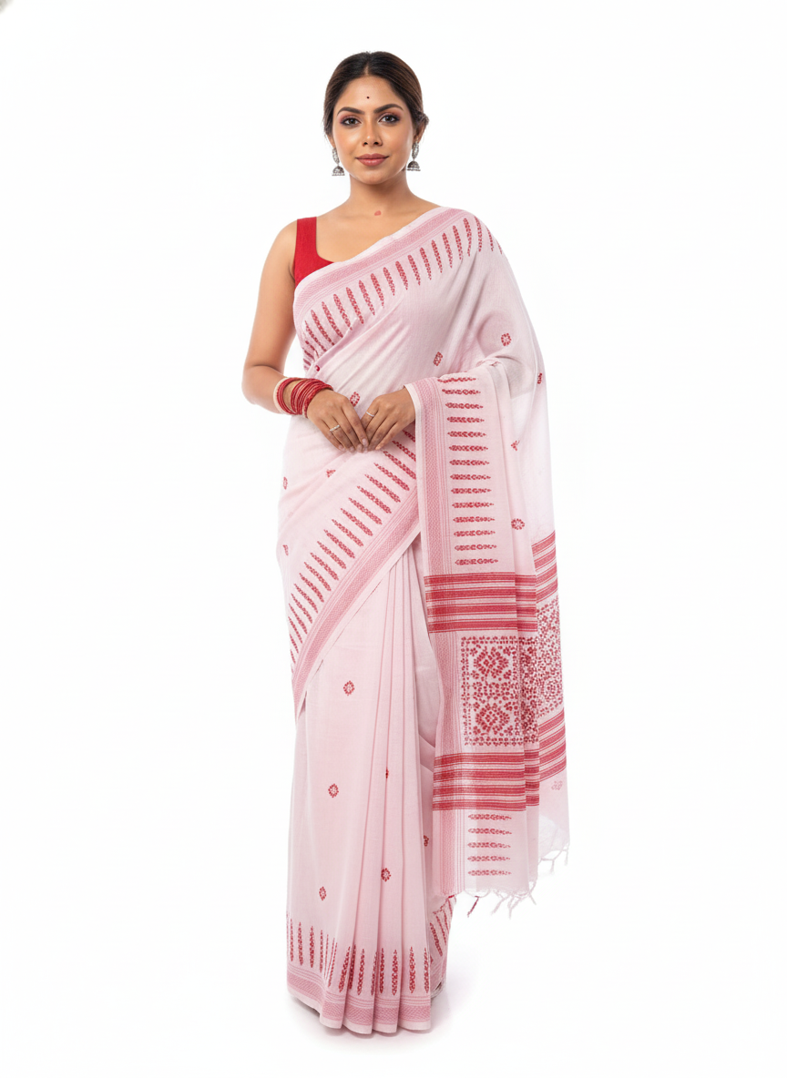 Light Pink/White Saree with Red Stitching/Motifs