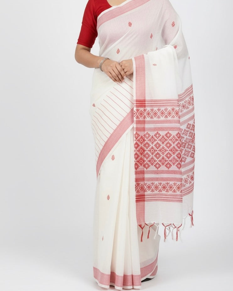 White Saree with Red Geometric Borders and Striped Pallu With blouse