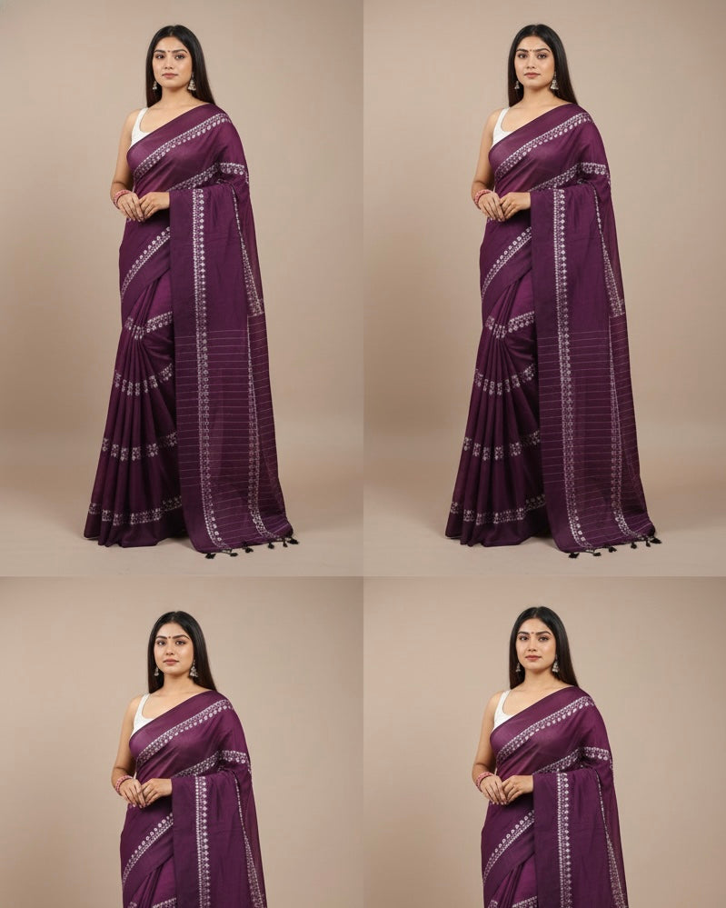 Elegant Dark Plum/Maroon Saree with White Geometric Patterns with Blouse