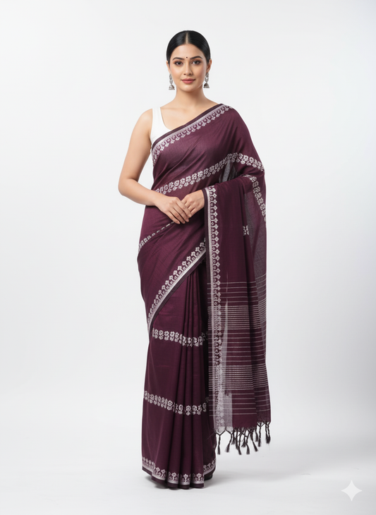 Elegant Dark Plum/Maroon Saree with White Geometric Patterns with Blouse