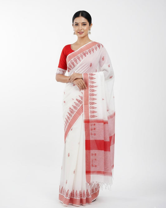 White Saree with Red Geometric Borders and Striped Pallu With blouse