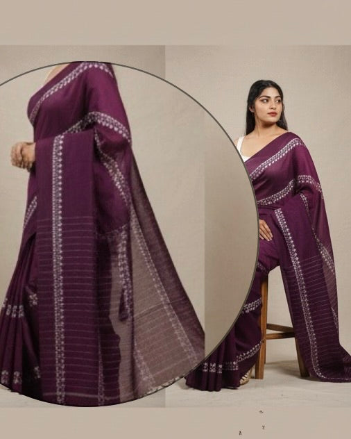 Elegant Dark Plum/Maroon Saree with White Geometric Patterns with Blouse