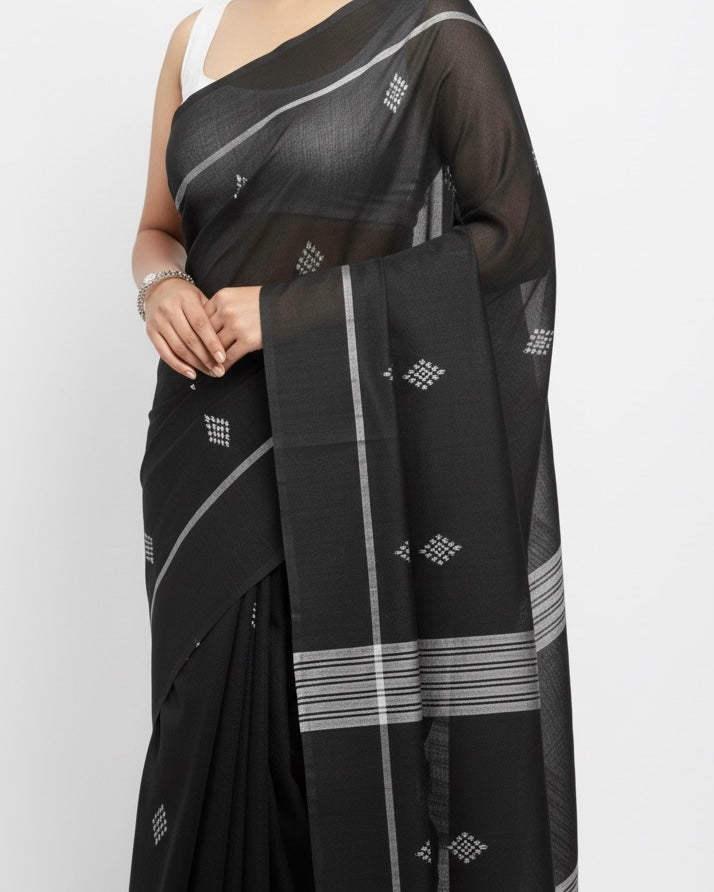 Elegant Black Saree with White Geometric Motifs and Striped Pallu with blouse