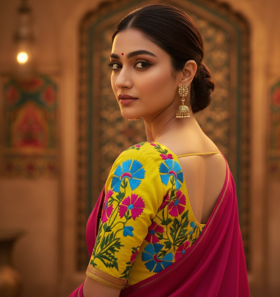 Rangrez Bengali Blossom (Pink body + Yellow embroidery blouse) 👇