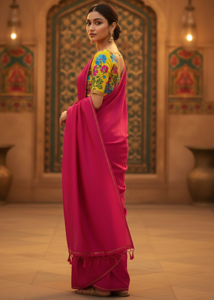 Rangrez Bengali Blossom (Pink body + Yellow embroidery blouse) 👇