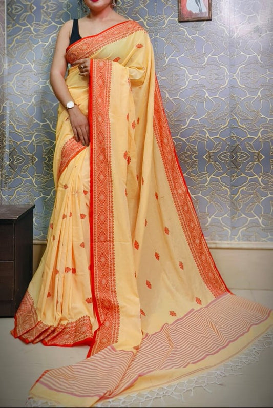 Sunrise Charm Cotton Saree – Red Border Edition