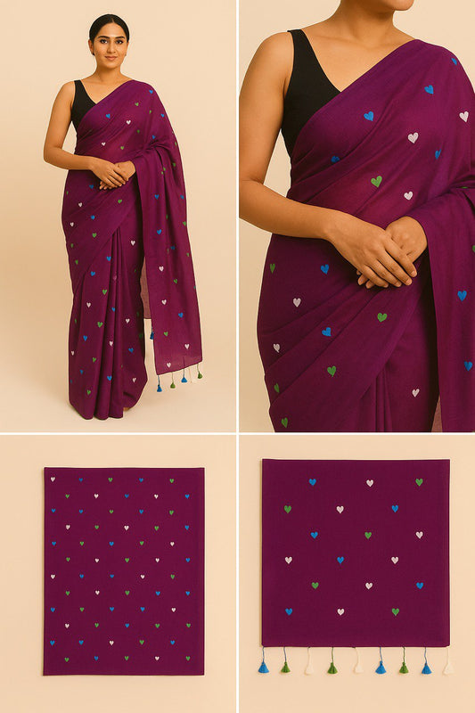 Love Embroidery Khadi Saree – Handwoven Elegance with Artistic Detailing